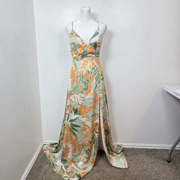 Hello Molly Green Orange Tropical Leg Slit Rainforest Glow Maxi Dress Size Small - Picture 2 of 6